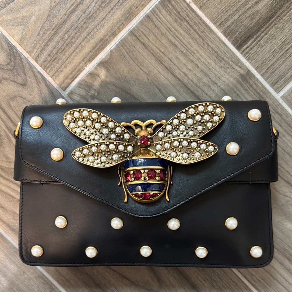 Gucci Black and Gold Clutch with Pearl Accents